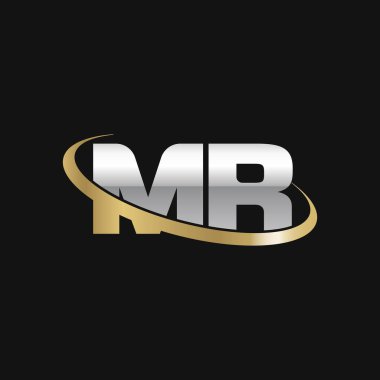 Initial letters MR, swoosh orbit ring logo, silver gold on black background, vector template elements for business, company, creative industry