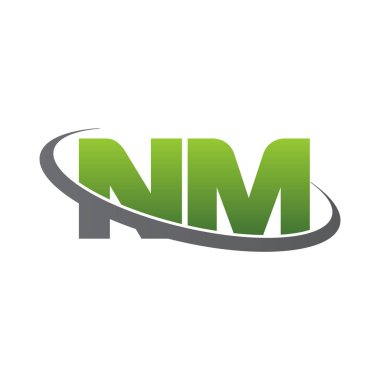 Initial letters NM, swoosh orbit ring logo, green gray silver, vector template elements for business, company, creative industry