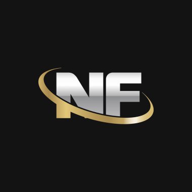 Initial letters NF, swoosh orbit ring logo, silver gold on black background, vector template elements for business, company, creative industry
