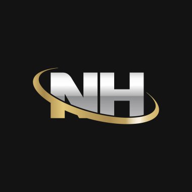 Initial letters NH, swoosh orbit ring logo, silver gold on black background, vector template elements for business, company, creative industry