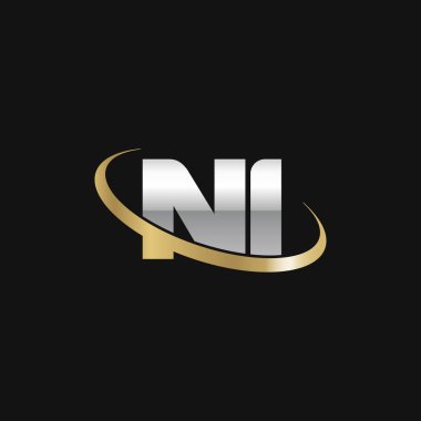 Initial letters NI, swoosh orbit ring logo, silver gold on black background, vector template elements for business, company, creative industry