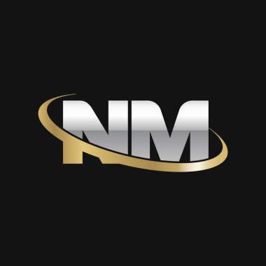 Initial letters NM, swoosh orbit ring logo, silver gold on black background, vector template elements for business, company, creative industry