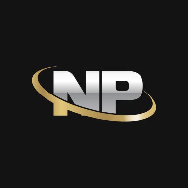 Initial letters NP, swoosh orbit ring logo, silver gold on black background, vector template elements for business, company, creative industry