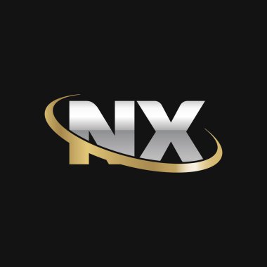 Initial letters NX, swoosh orbit ring logo, silver gold on black background, vector template elements for business, company, creative industry