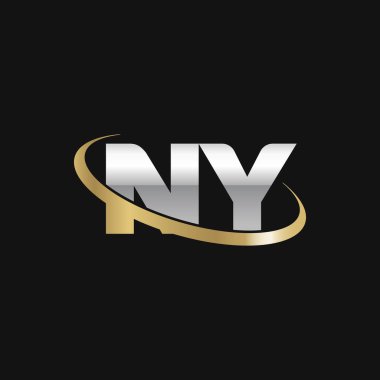 Initial letters NY, swoosh orbit ring logo, silver gold on black background, vector template elements for business, company, creative industry