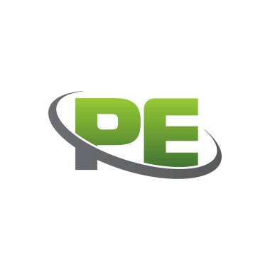 Initial letters PE, swoosh orbit ring logo, green gray silver, vector template elements for business, company, creative industry