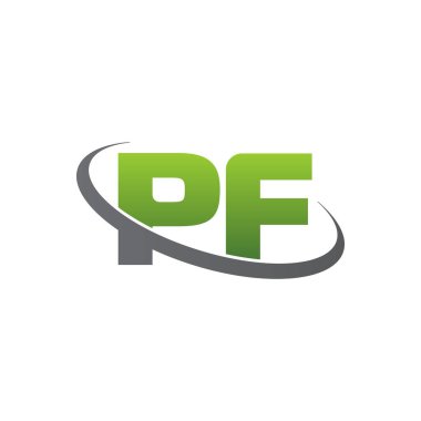 Initial letters PF, swoosh orbit ring logo, green gray silver, vector template elements for business, company, creative industry