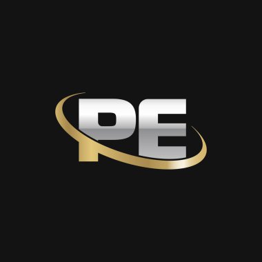 Initial letters PE, swoosh orbit ring logo, silver gold on black background, vector template elements for business, company, creative industry