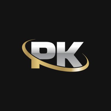 Initial letters PK, swoosh orbit ring logo, silver gold on black background, vector template elements for business, company, creative industry