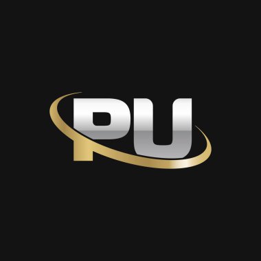 Initial letters PU, swoosh orbit ring logo, silver gold on black background, vector template elements for business, company, creative industry