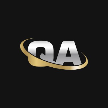 Initial letters QA, swoosh orbit ring logo, silver gold on black background, vector template elements for business, company, creative industry