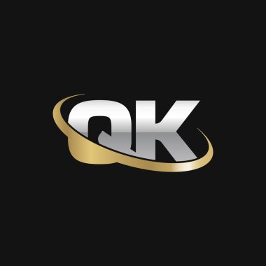 Initial letters QK, swoosh orbit ring logo, silver gold on black background, vector template elements for business, company, creative industry
