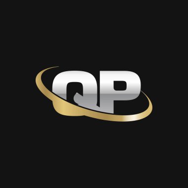 Initial letters QP, swoosh orbit ring logo, silver gold on black background, vector template elements for business, company, creative industry