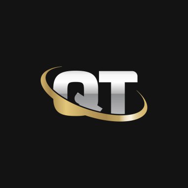 Initial letters QT, swoosh orbit ring logo, silver gold on black background, vector template elements for business, company, creative industry