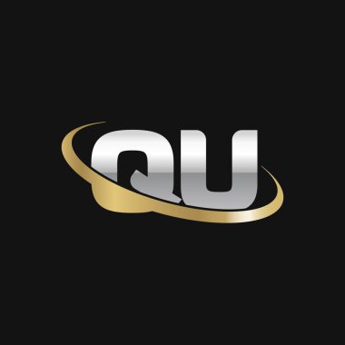 Initial letters QU, swoosh orbit ring logo, silver gold on black background, vector template elements for business, company, creative industry