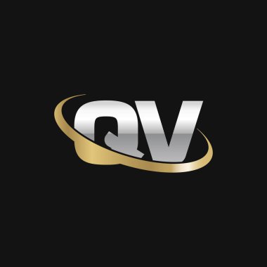 Initial letters QV, swoosh orbit ring logo, silver gold on black background, vector template elements for business, company, creative industry