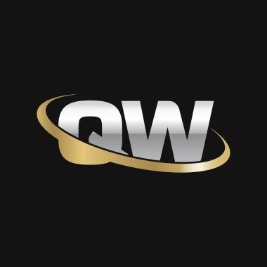 Initial letters QW, swoosh orbit ring logo, silver gold on black background, vector template elements for business, company, creative industry
