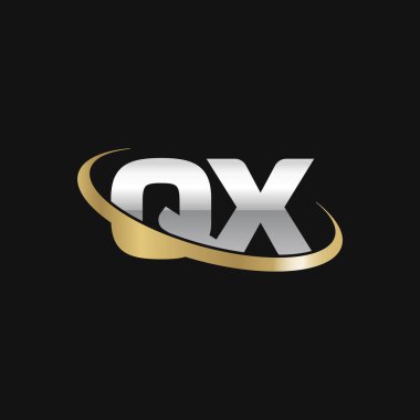 Initial letters QX, swoosh orbit ring logo, silver gold on black background, vector template elements for business, company, creative industry