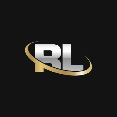 Initial letters RL, swoosh orbit ring logo, silver gold on black background, vector template elements for business, company, creative industry