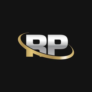 Initial letters RP, swoosh orbit ring logo, silver gold on black background, vector template elements for business, company, creative industry