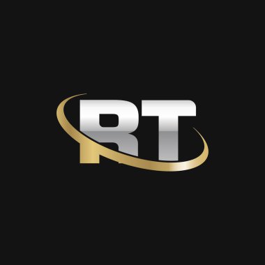 Initial letters RT, swoosh orbit ring logo, silver gold on black background, vector template elements for business, company, creative industry