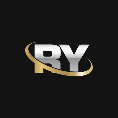 Initial letters RY, swoosh orbit ring logo, silver gold on black background, vector template elements for business, company, creative industry