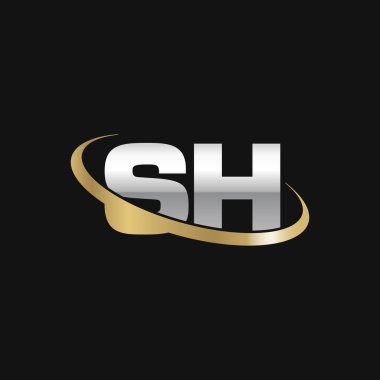 Initial letters SH, swoosh orbit ring logo, silver gold on black background, vector template elements for business, company, creative industry
