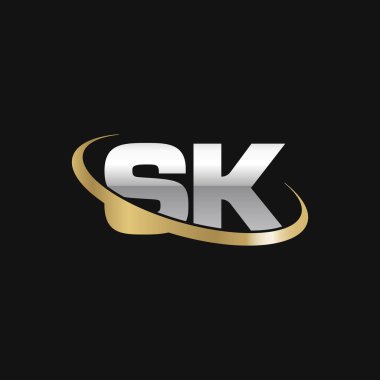 Initial letters SK, swoosh orbit ring logo, silver gold on black background, vector template elements for business, company, creative industry