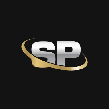 Initial letters SP, swoosh orbit ring logo, silver gold on black background, vector template elements for business, company, creative industry