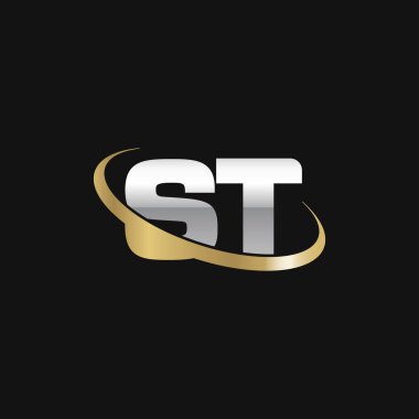 Initial letters ST, swoosh orbit ring logo, silver gold on black background, vector template elements for business, company, creative industry