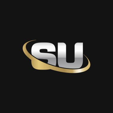 Initial letters SU, swoosh orbit ring logo, silver gold on black background, vector template elements for business, company, creative industry
