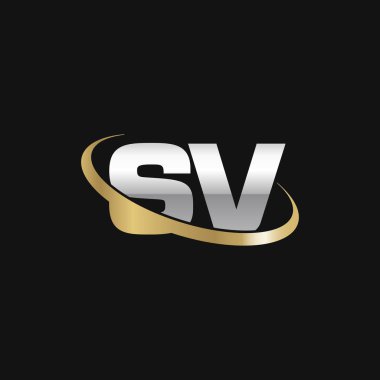 Initial letters SV, swoosh orbit ring logo, silver gold on black background, vector template elements for business, company, creative industry
