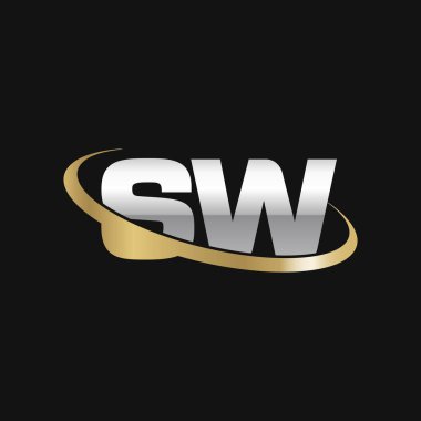 Initial letters SW, swoosh orbit ring logo, silver gold on black background, vector template elements for business, company, creative industry