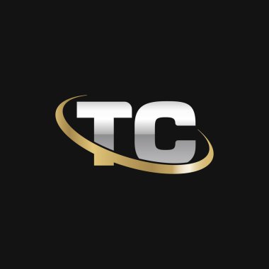 Initial letters TC, swoosh orbit ring logo, silver gold on black background, vector template elements for business, company, creative industry