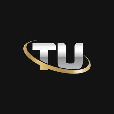 Initial letters TU, swoosh orbit ring logo, silver gold on black background, vector template elements for business, company, creative industry