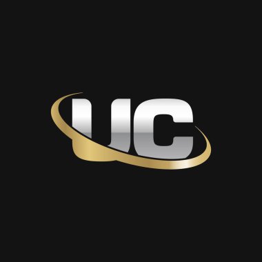 Initial letters UC, swoosh orbit ring logo, silver gold on black background, vector template elements for business, company, creative industry