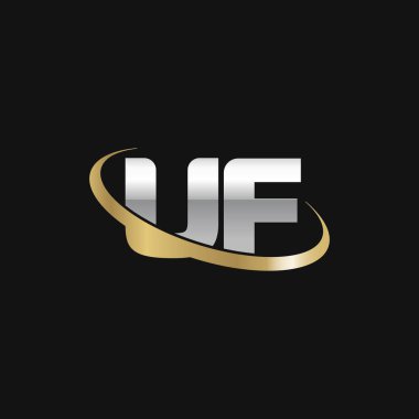 Initial letters UF, swoosh orbit ring logo, silver gold on black background, vector template elements for business, company, creative industry