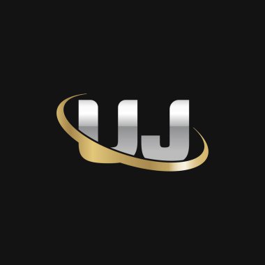Initial letters UJ, swoosh orbit ring logo, silver gold on black background, vector template elements for business, company, creative industry