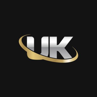 Initial letters UK, swoosh orbit ring logo, silver gold on black background, vector template elements for business, company, creative industry