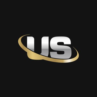 Initial letters US, swoosh orbit ring logo, silver gold on black background, vector template elements for business, company, creative industry