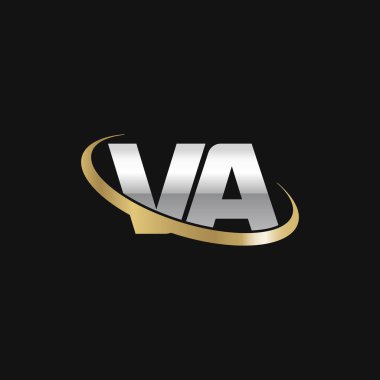 Initial letters VA, swoosh orbit ring logo, silver gold on black background, vector template elements for business, company, creative industry