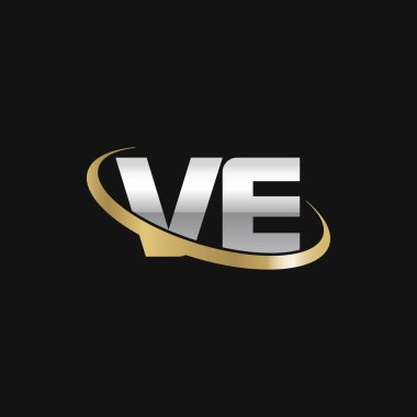 Initial letters VE, swoosh orbit ring logo, silver gold on black background, vector template elements for business, company, creative industry