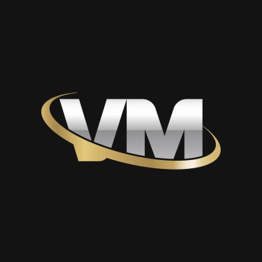 Initial letters VM, swoosh orbit ring logo, silver gold on black background, vector template elements for business, company, creative industry