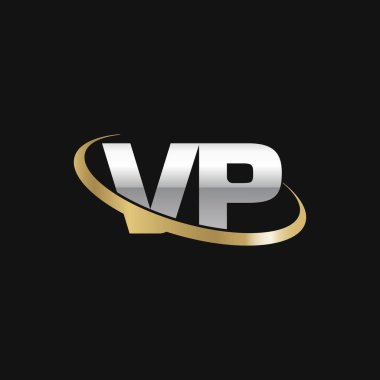 Initial letters VP, swoosh orbit ring logo, silver gold on black background, vector template elements for business, company, creative industry