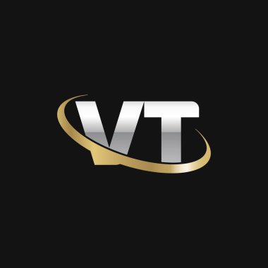 Initial letters VT, swoosh orbit ring logo, silver gold on black background, vector template elements for business, company, creative industry