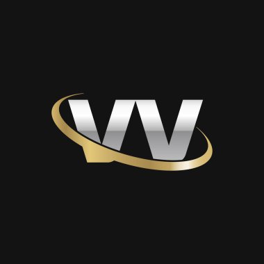 Initial letters VV, swoosh orbit ring logo, silver gold on black background, vector template elements for business, company, creative industry