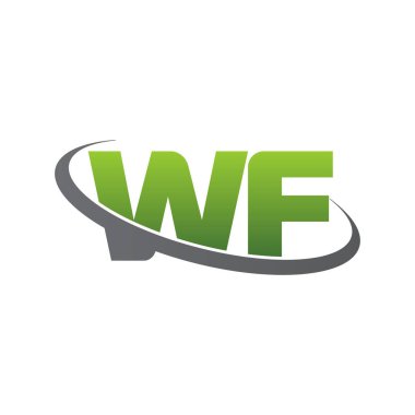 Initial letters WF, swoosh orbit ring logo, green gray silver, vector template elements for business, company, creative industry