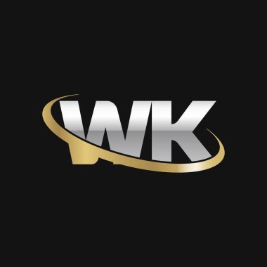 Initial letters WK, swoosh orbit ring logo, silver gold on black background, vector template elements for business, company, creative industry