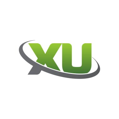 Initial letters XU, swoosh orbit ring logo, green gray silver, vector template elements for business, company, creative industry