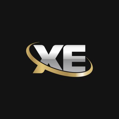 Initial letters XE, swoosh orbit ring logo, silver gold on black background, vector template elements for business, company, creative industry